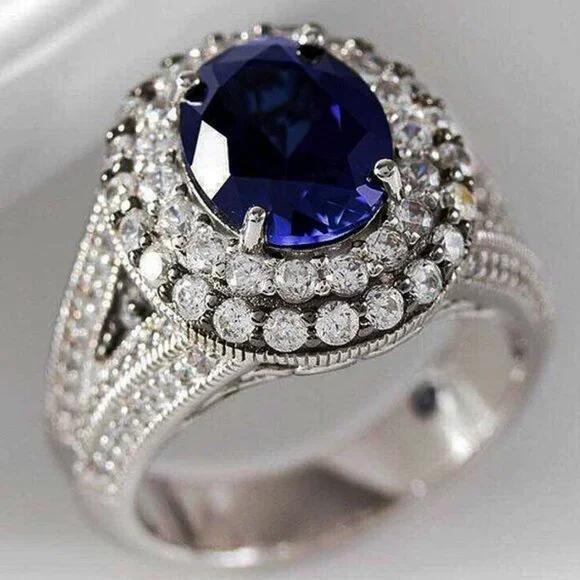 ▶Silver Plated Royal Blue CZ Wedding/Engagement Ring for Women, K973